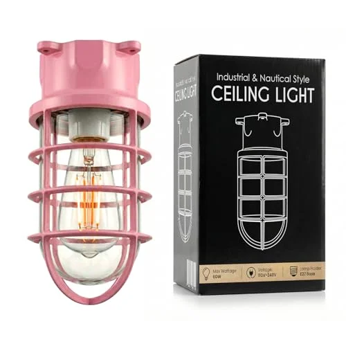 Nautical bulkhead light with metal wire cage, ribbed glass lens, flush mount design, and E27 bulb socket on white background