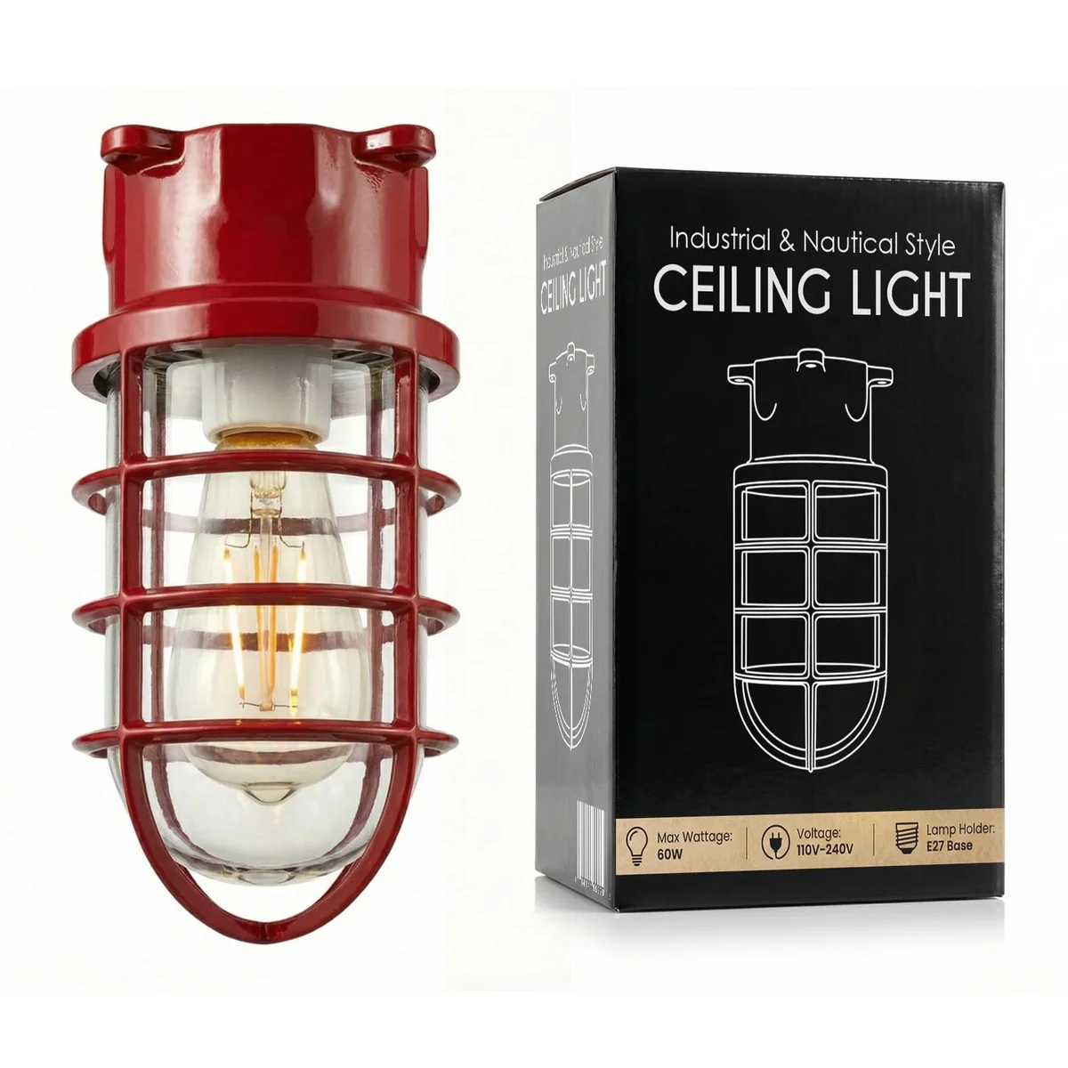 Nautical bulkhead light with metal wire cage, ribbed glass lens, flush mount design, and E27 bulb socket on white background