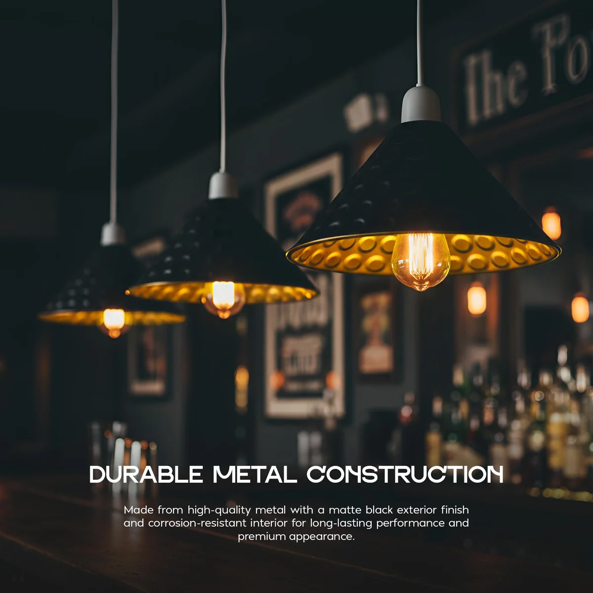 Black and gold hammered cone easy fit light shade with metal construction, shown hanging as a ceiling pendant