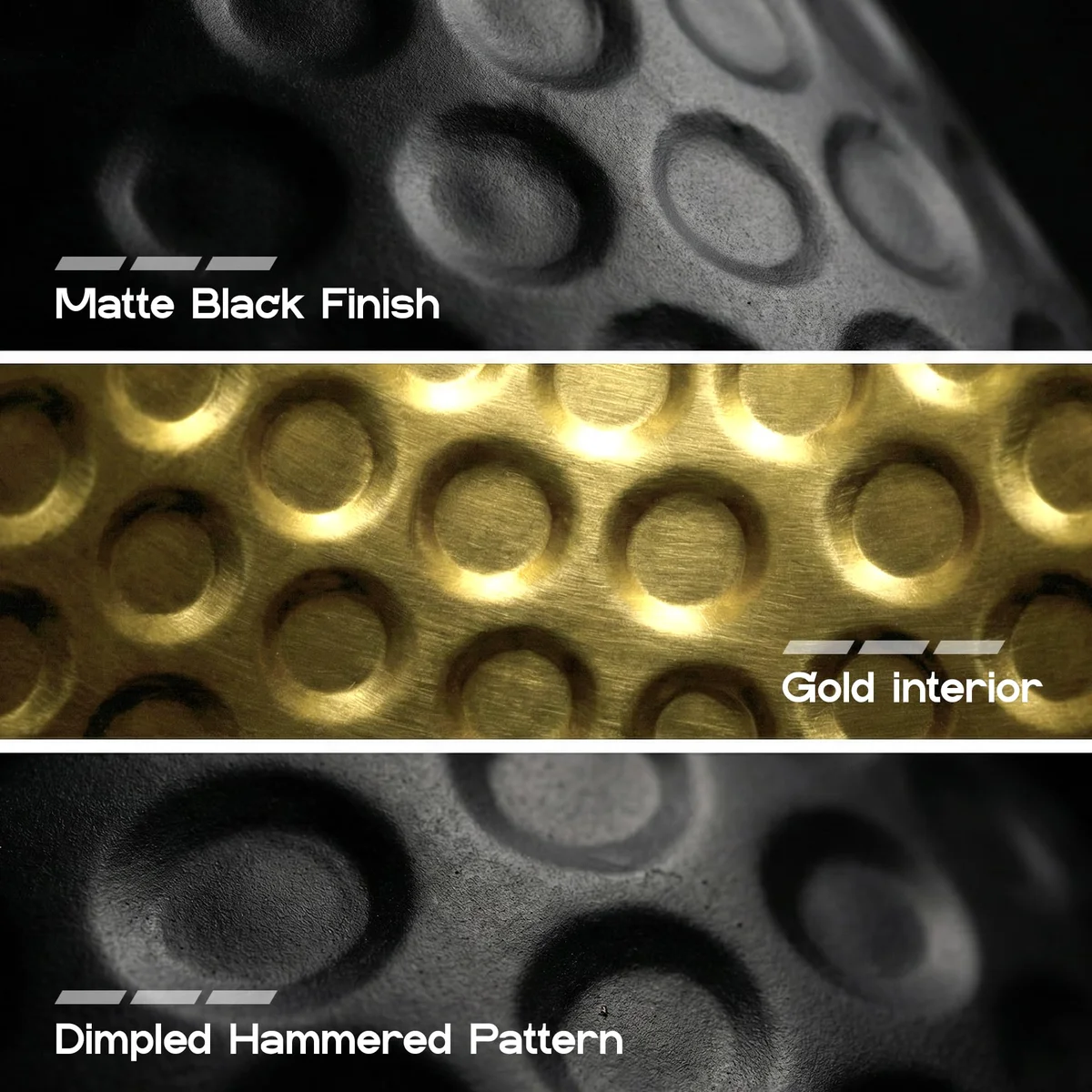 Black and gold dual tone lamp shade with a hammered metal cone shape, shown from side angle on white background