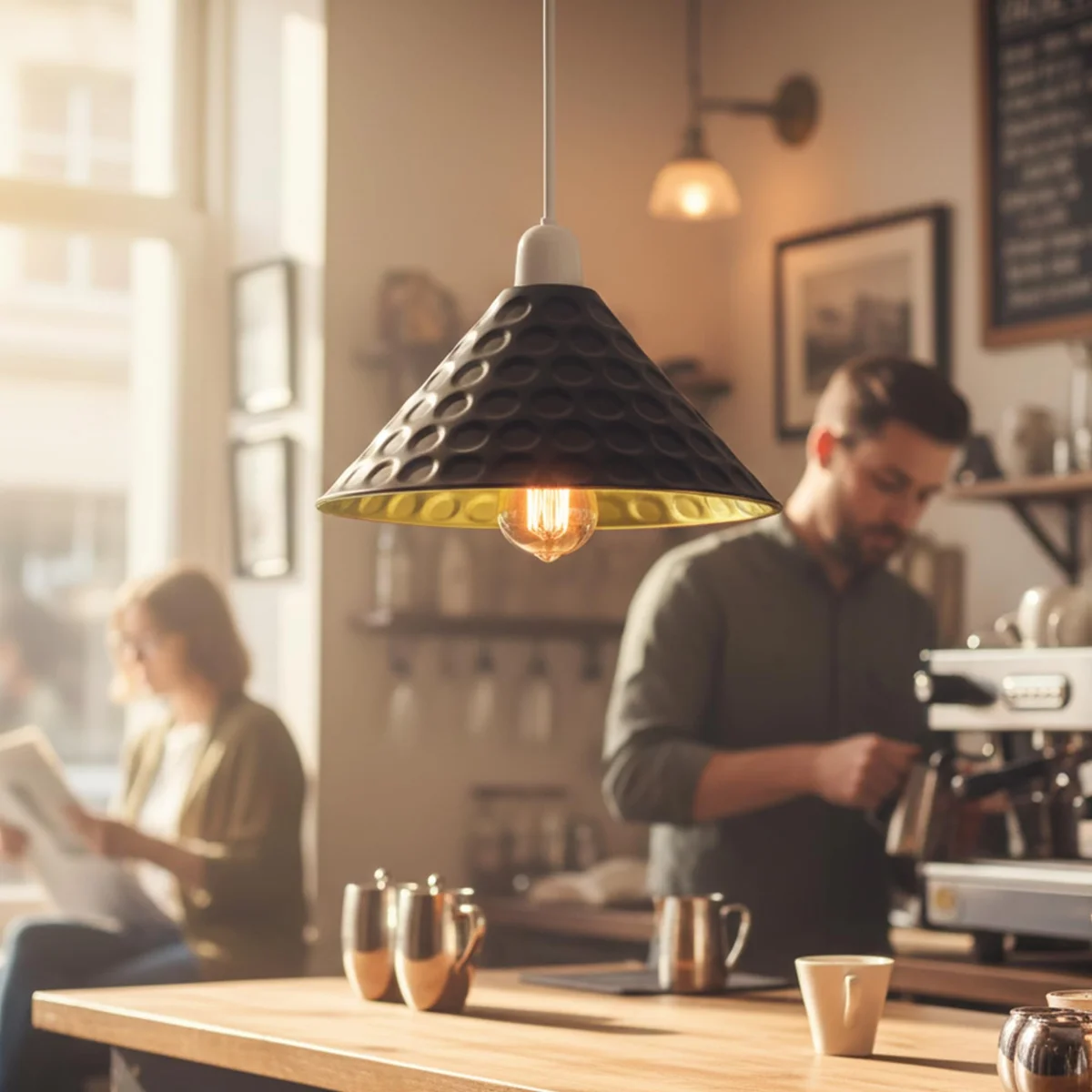 Black and gold hammered universal lamp shade with cone shape, shown mounted on ceiling with warm ambient glow