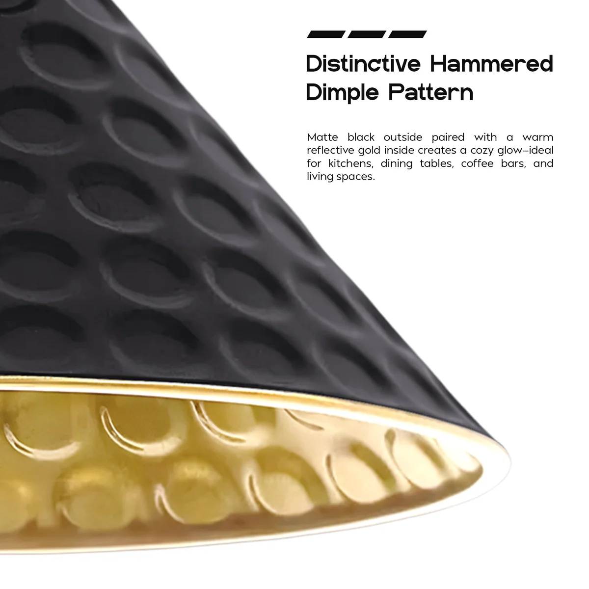 Black and gold lampshade with matte black exterior and gold interior, cone-shaped metal design on white background
