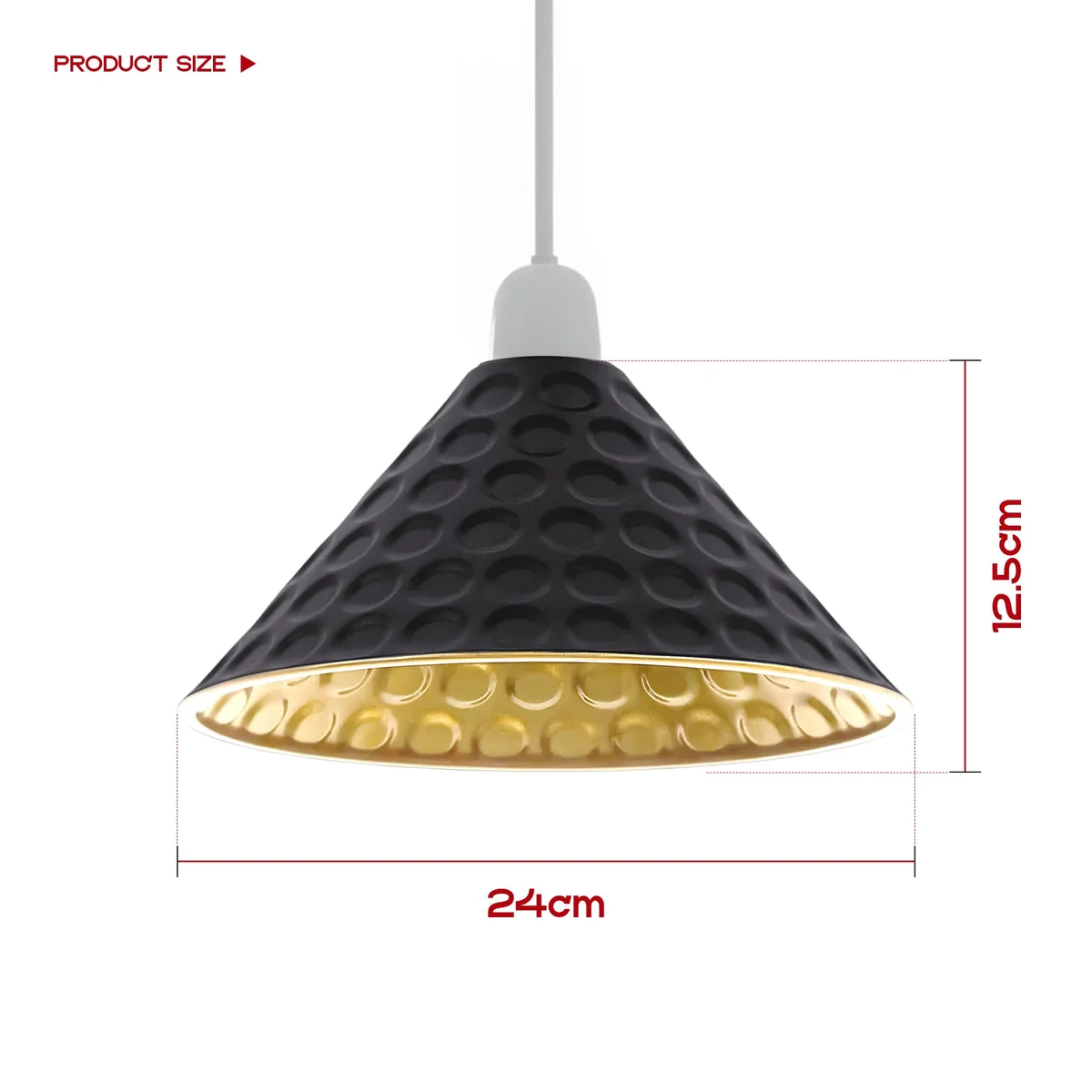 Black and gold lampshade with matte black exterior and gold interior, cone shape, shown hanging in a modern setting