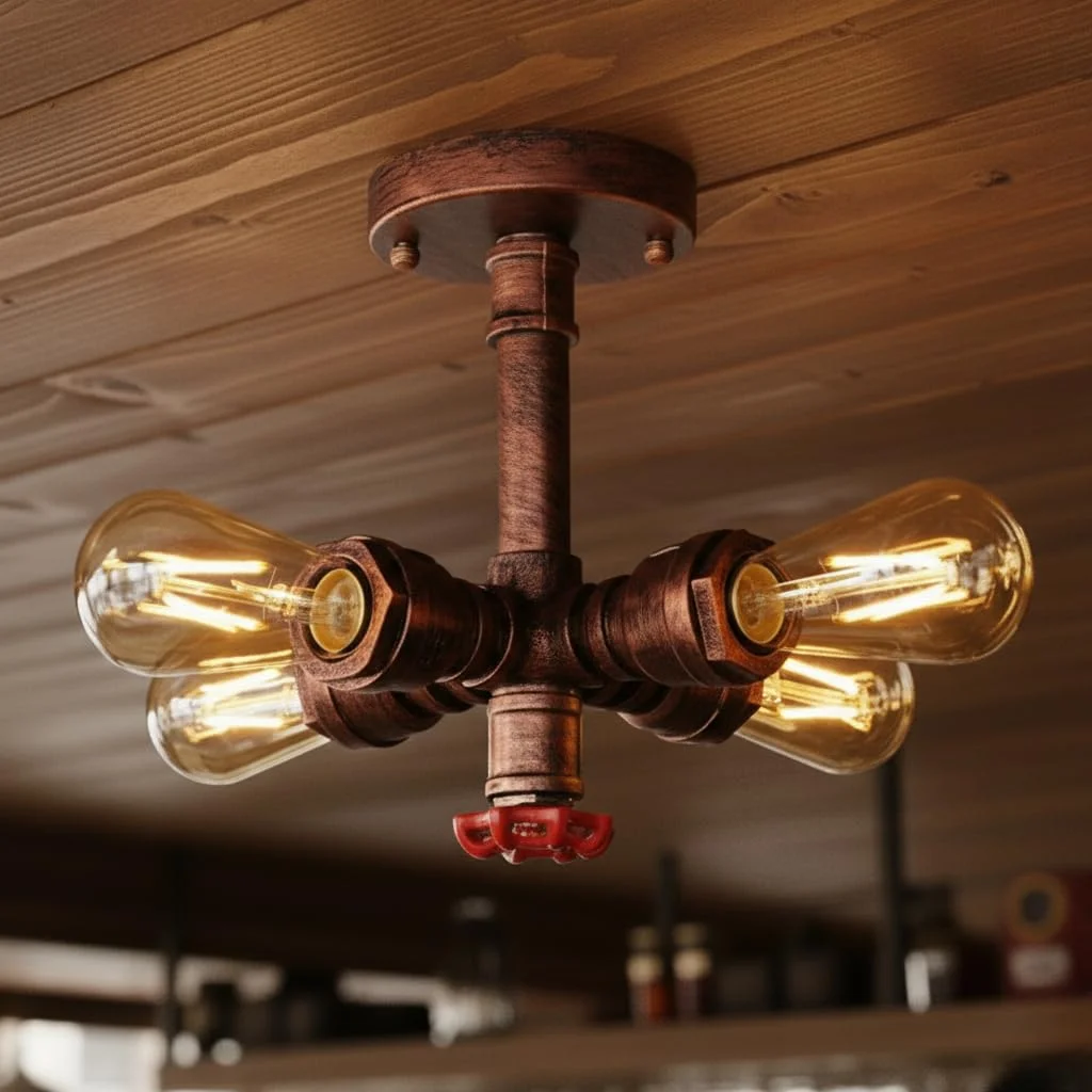 4-light steampunk ceiling light with black iron pipe design, flush mount, vintage industrial style for indoor spaces