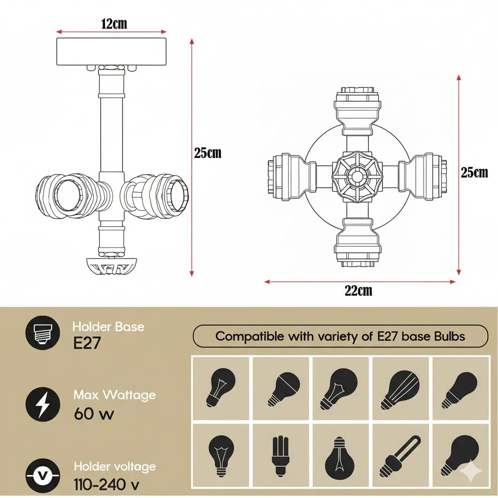 4-light industrial pipe light with black iron water pipe design, flush mount ceiling fixture, vintage steampunk style
