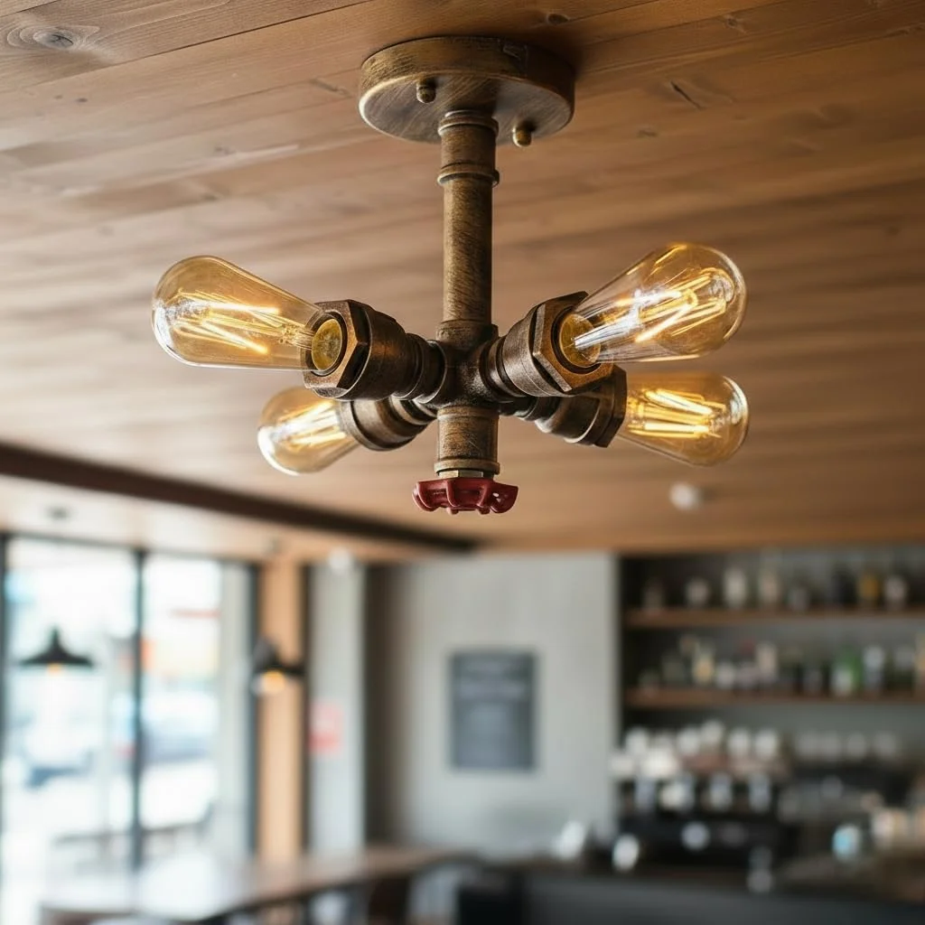 4-light steampunk flush mount ceiling light with industrial pipe design and E27 socket ceiling light bulbs not included