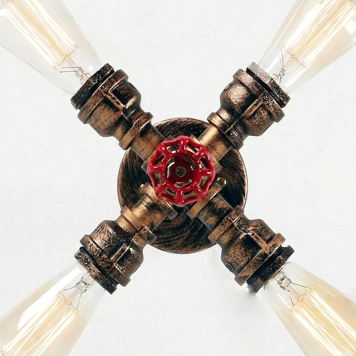 4-light vintage flush mount light with black iron pipe design and E27 sockets, ideal for industrial interiors