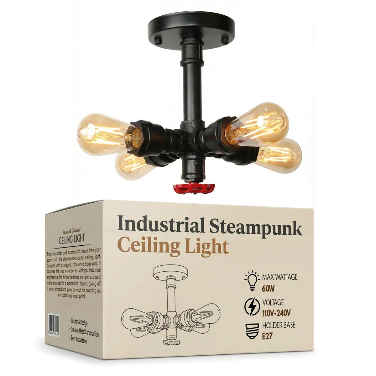 Four-arm steampunk ceiling light with black iron pipe design and E27 sockets in industrial vintage style flush mount fixture