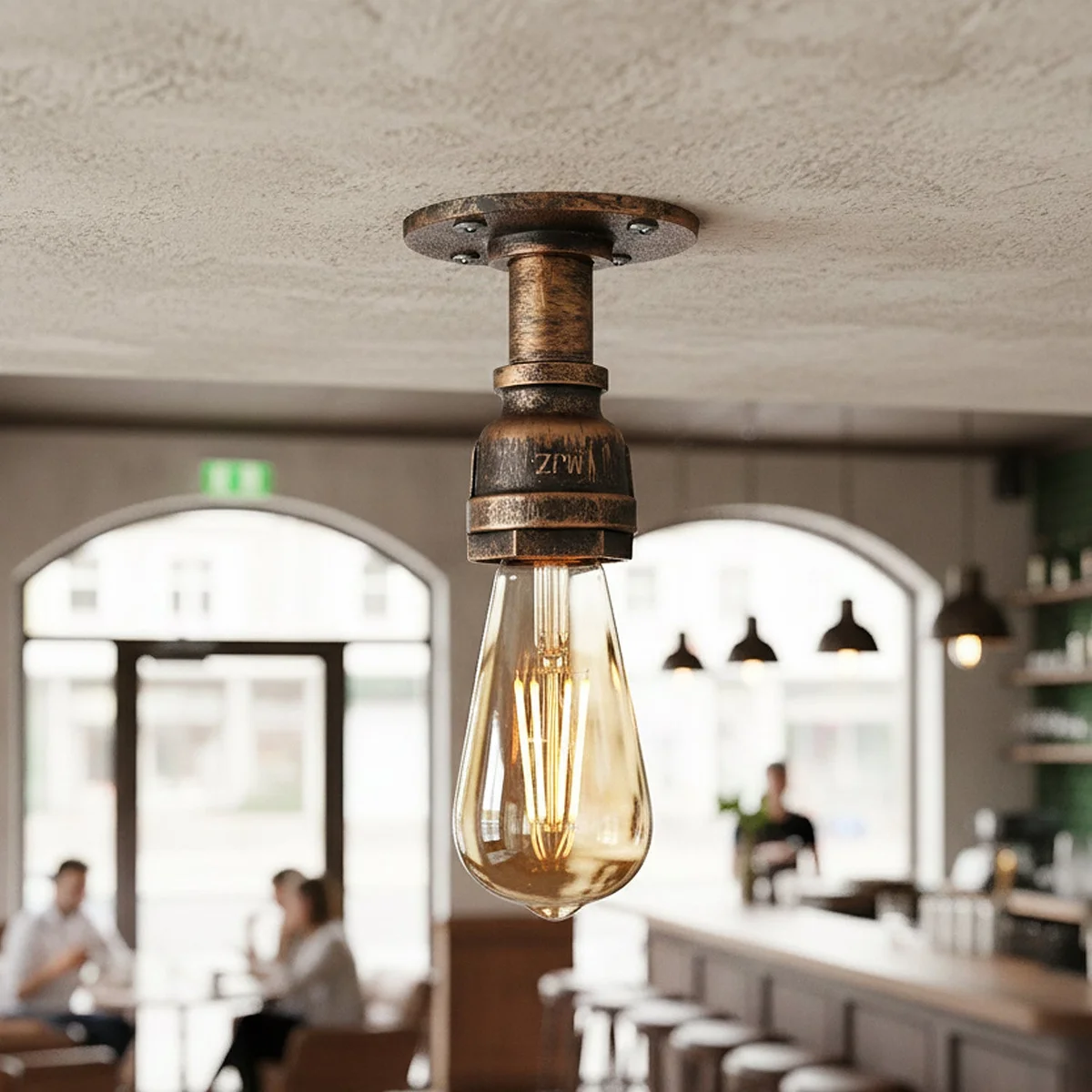 Brushed copper steampunk ceiling light with industrial pipe design and E27 bulb socket flush mounted on ceiling