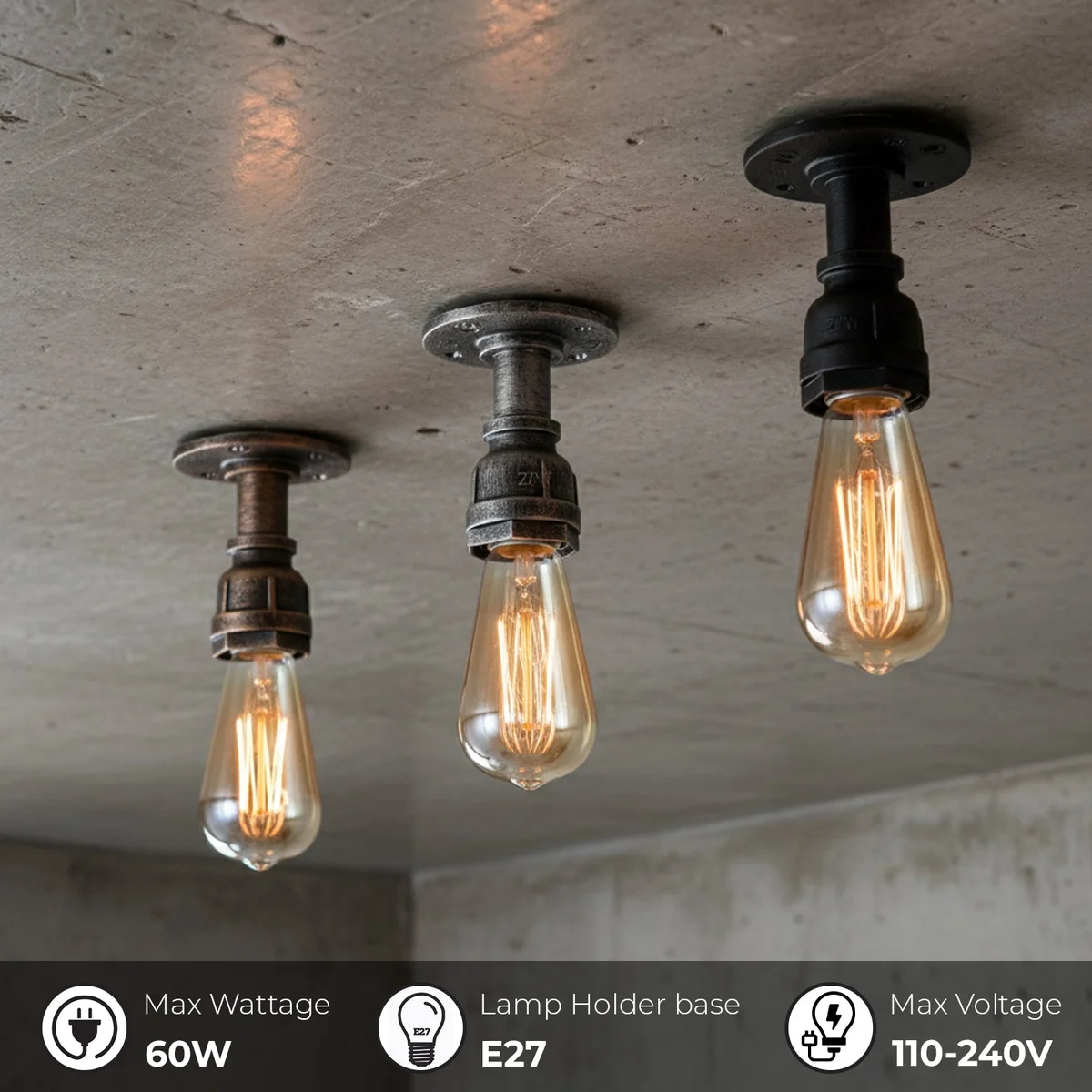 Brushed copper E27 ceiling light with industrial pipe design, flush mount for vintage or steampunk interiors