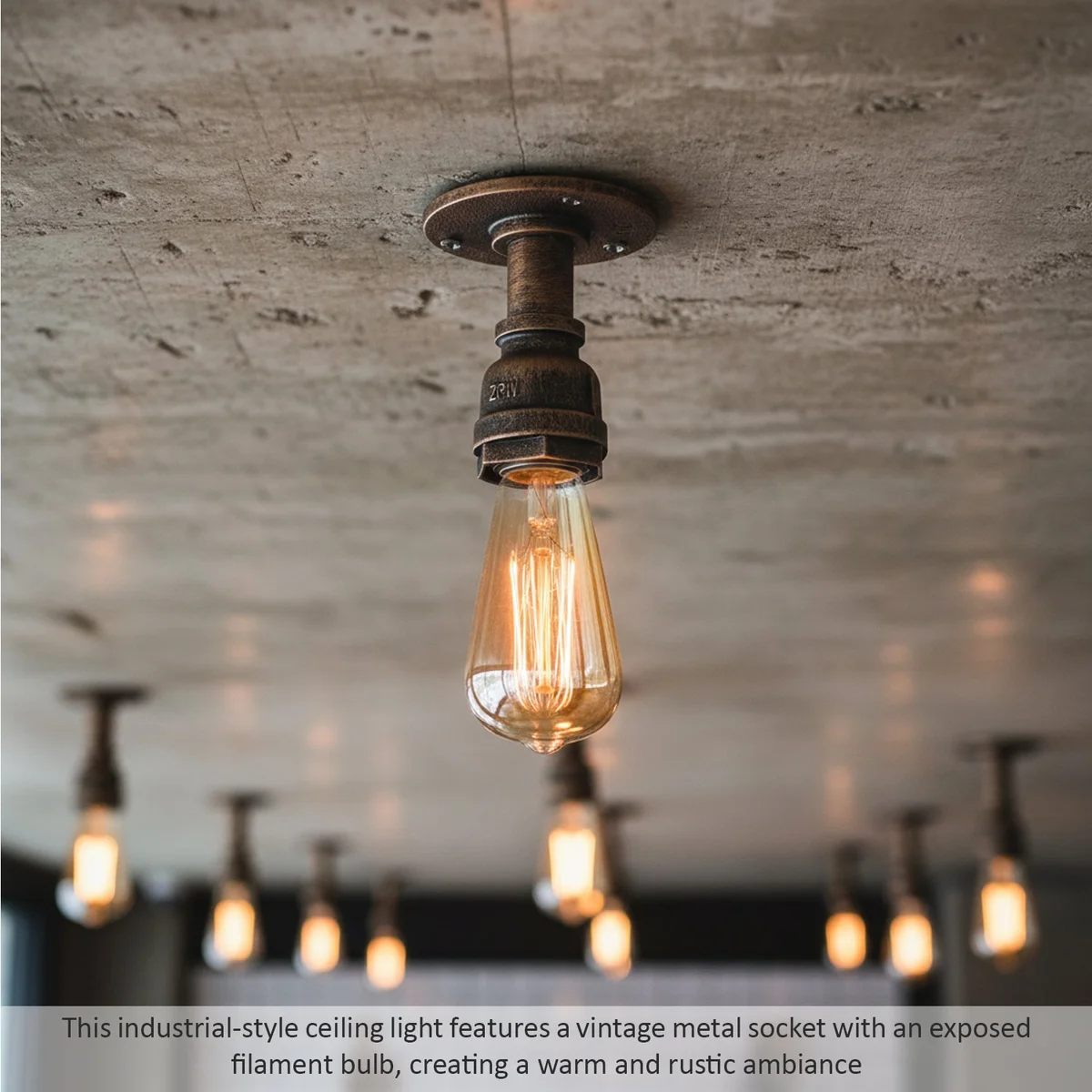 Brushed copper flush mount ceiling light with industrial pipe design and E27 bulb socket on white background