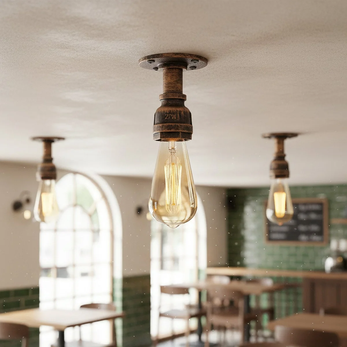 Steampunk flush mount ceiling light with industrial pipe design and brushed copper light finish, E27 bulb socket visible