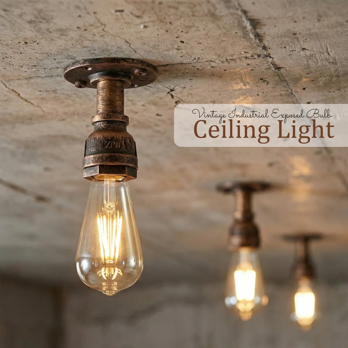 Flush mount ceiling light with industrial pipe design and brushed copper finish, showcasing vintage style lighting.