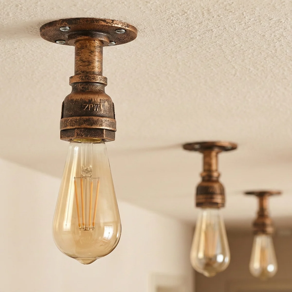 Brushed copper steampunk ceiling light with industrial pipe design, flush mount and E27 socket, no bulb included