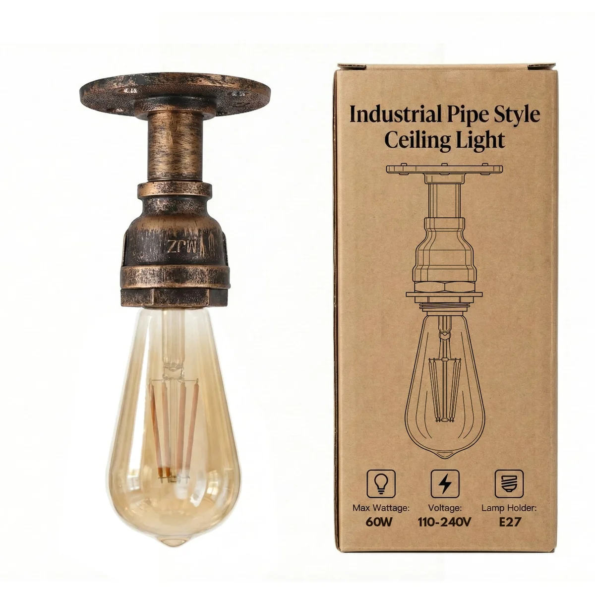 Brushed copper steampunk ceiling light with industrial pipe design, flush mount, E27 socket, no bulb included