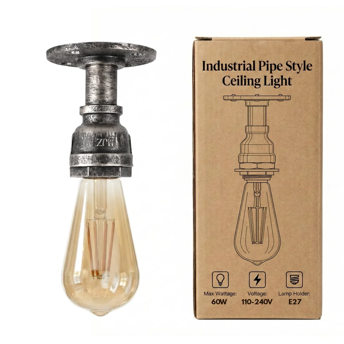 Brushed copper steampunk ceiling light with industrial pipe design, flush mount, E27 bulb socket, metal construction