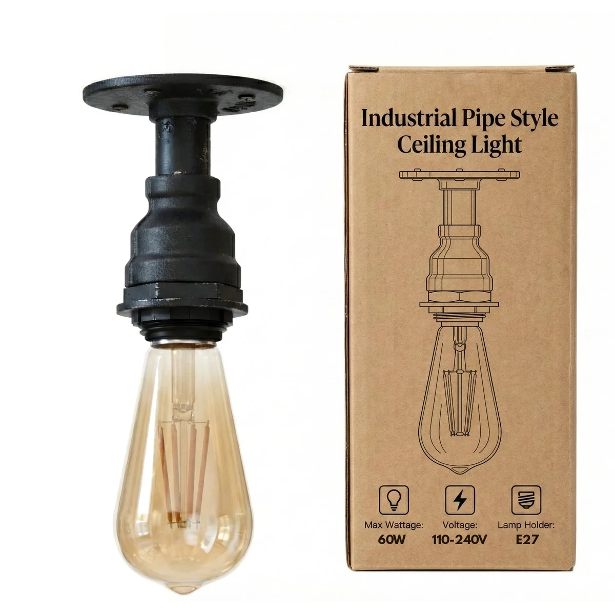 Brushed copper steampunk ceiling light with industrial pipe design, flush mount and E27 bulb socket visible from below angle