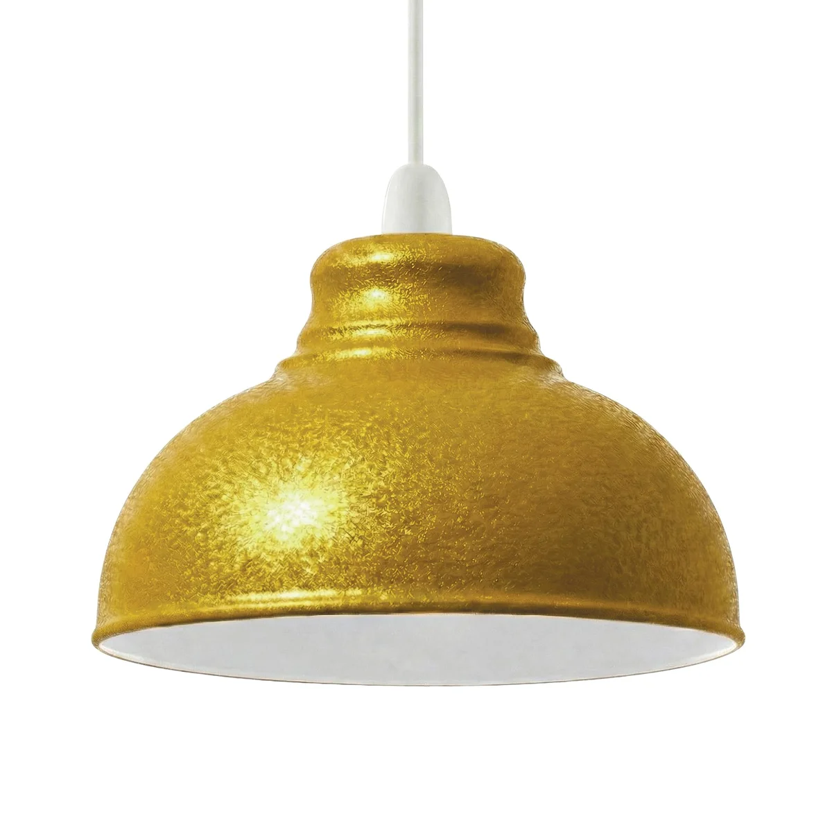 29cm hammered metal ceiling lampshade with rustic textured finish and curvy dome shape hanging in modern room setting