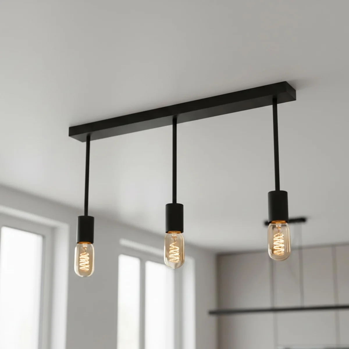 Modern industrial 3-light E27 ceiling light with metal round base and suspended droplet design hanging from ceiling
