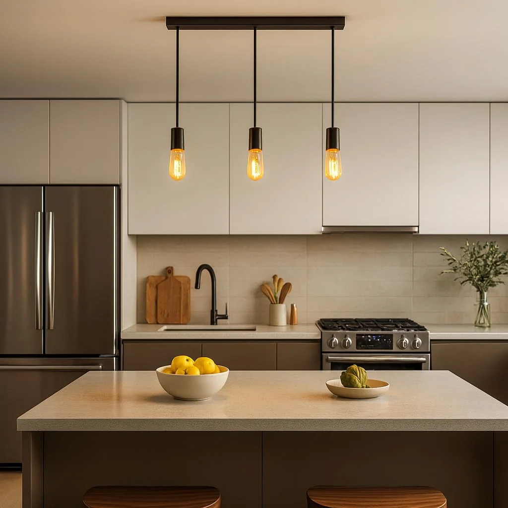 Modern industrial 3 light ceiling pendant with three exposed bulbs hanging from a round metal base against a white ceiling