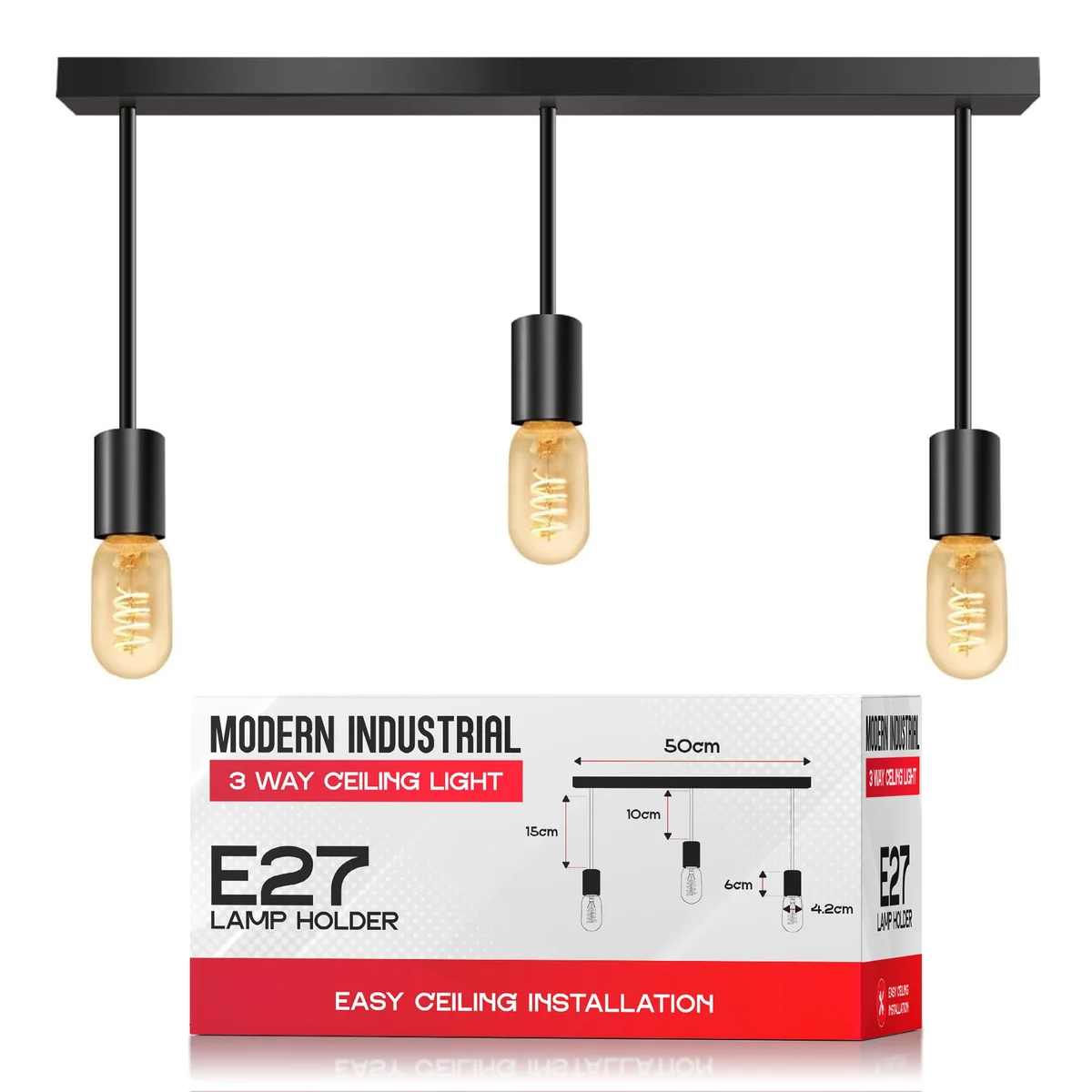 Modern industrial 3 light ceiling pendant with three droplet-shaped shades suspended from a round metal base