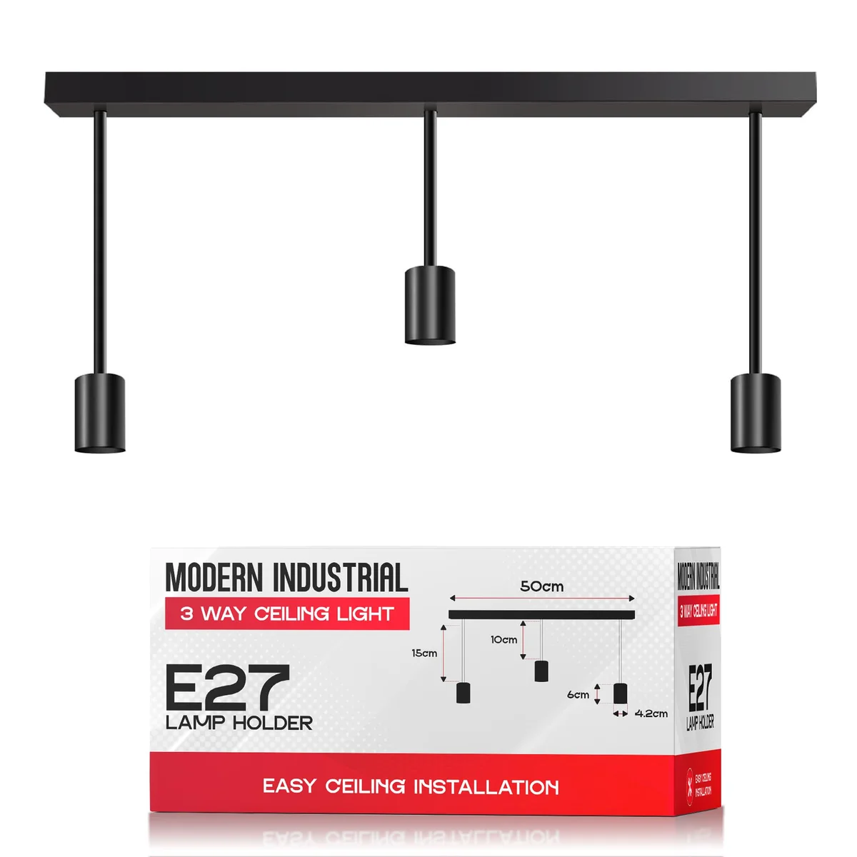 Modern industrial 3 light ceiling pendant with three exposed bulbs hanging from a round metal base against white background