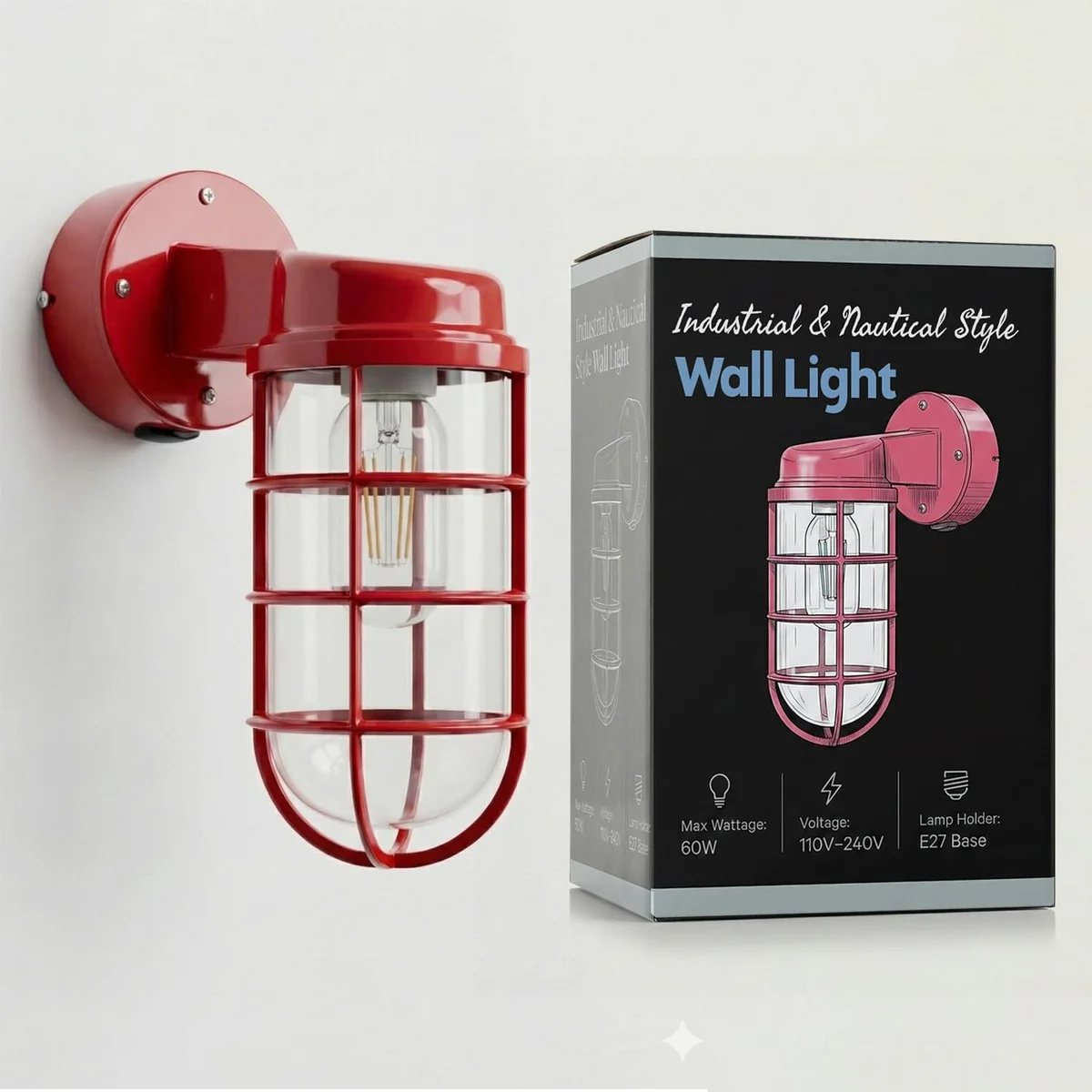Retro indoor wall lamp with metal cage and clear glass, vintage nautical design mounted on a white wall background