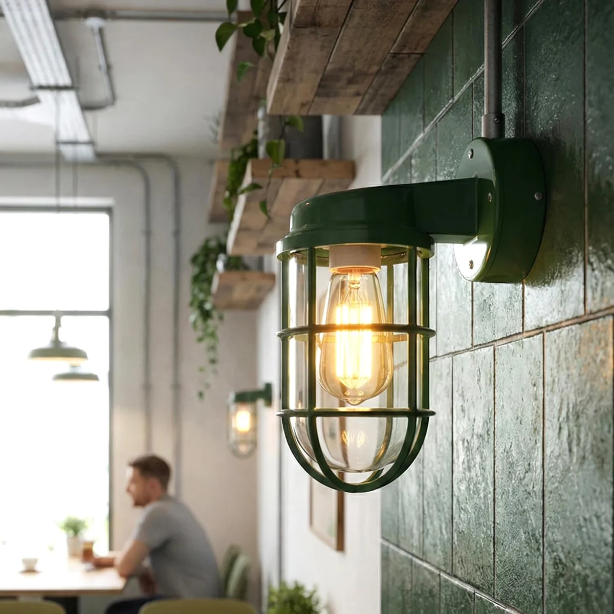 Industrial nautical wall light with metal cage and clear glass shade mounted on a white indoor wall background
