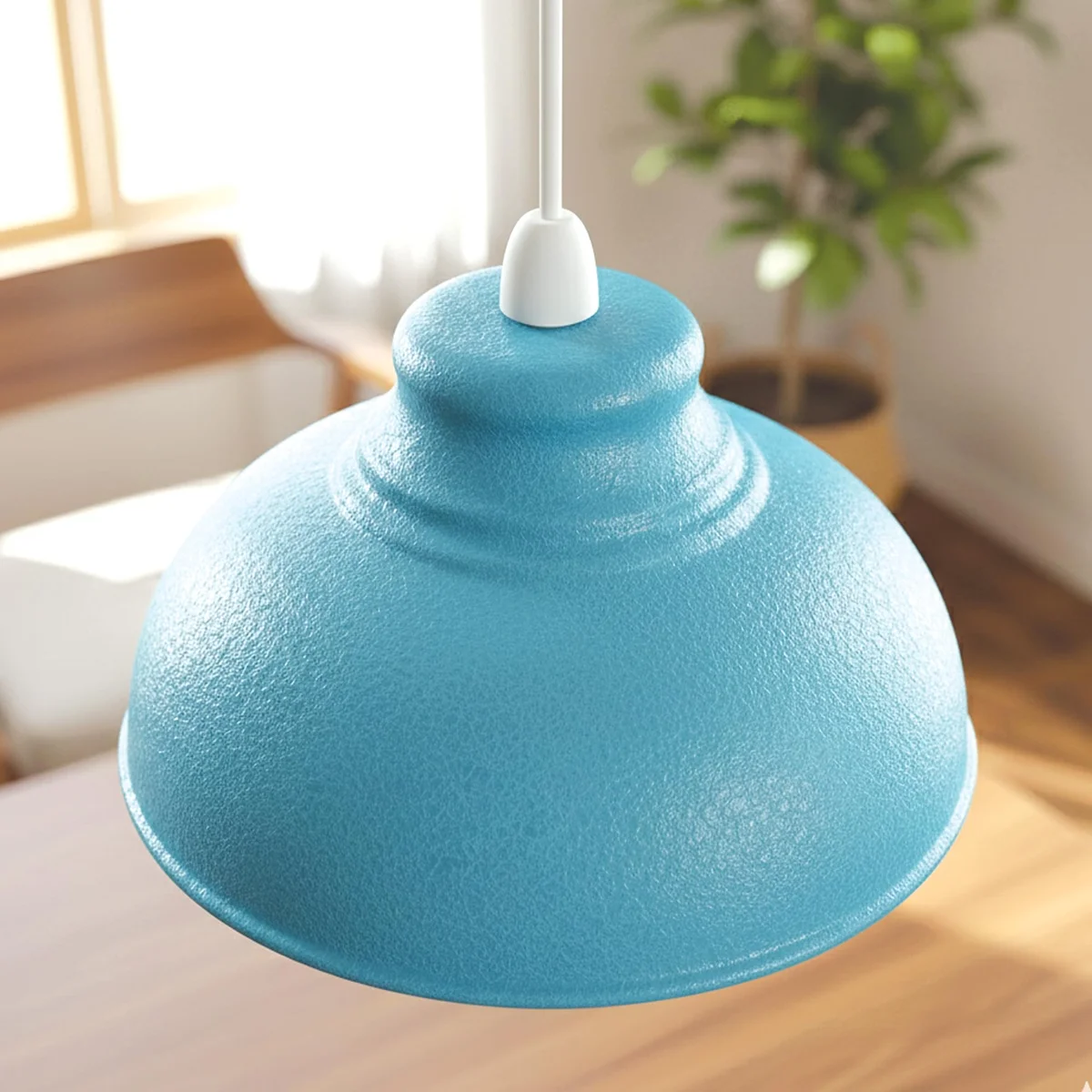 Black textured metal pendant light shade with curvy design, 29 cm diameter, shown hanging against white background