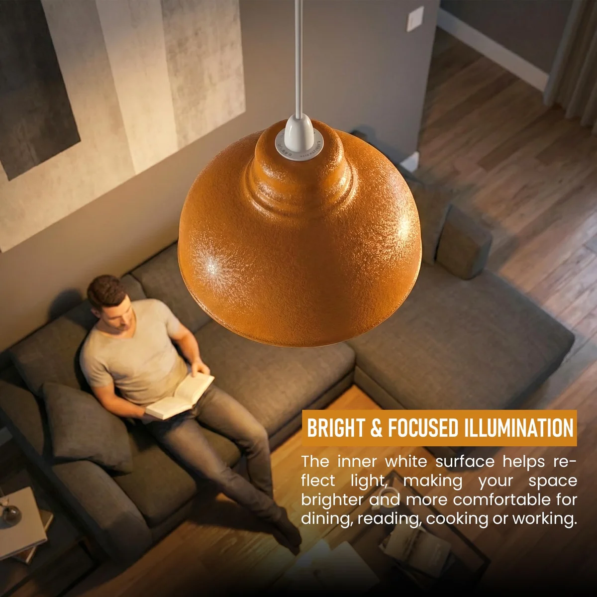 Black textured metal lampshade with curvy industrial design, 29cm diameter, shown hanging as a pendant light fixture