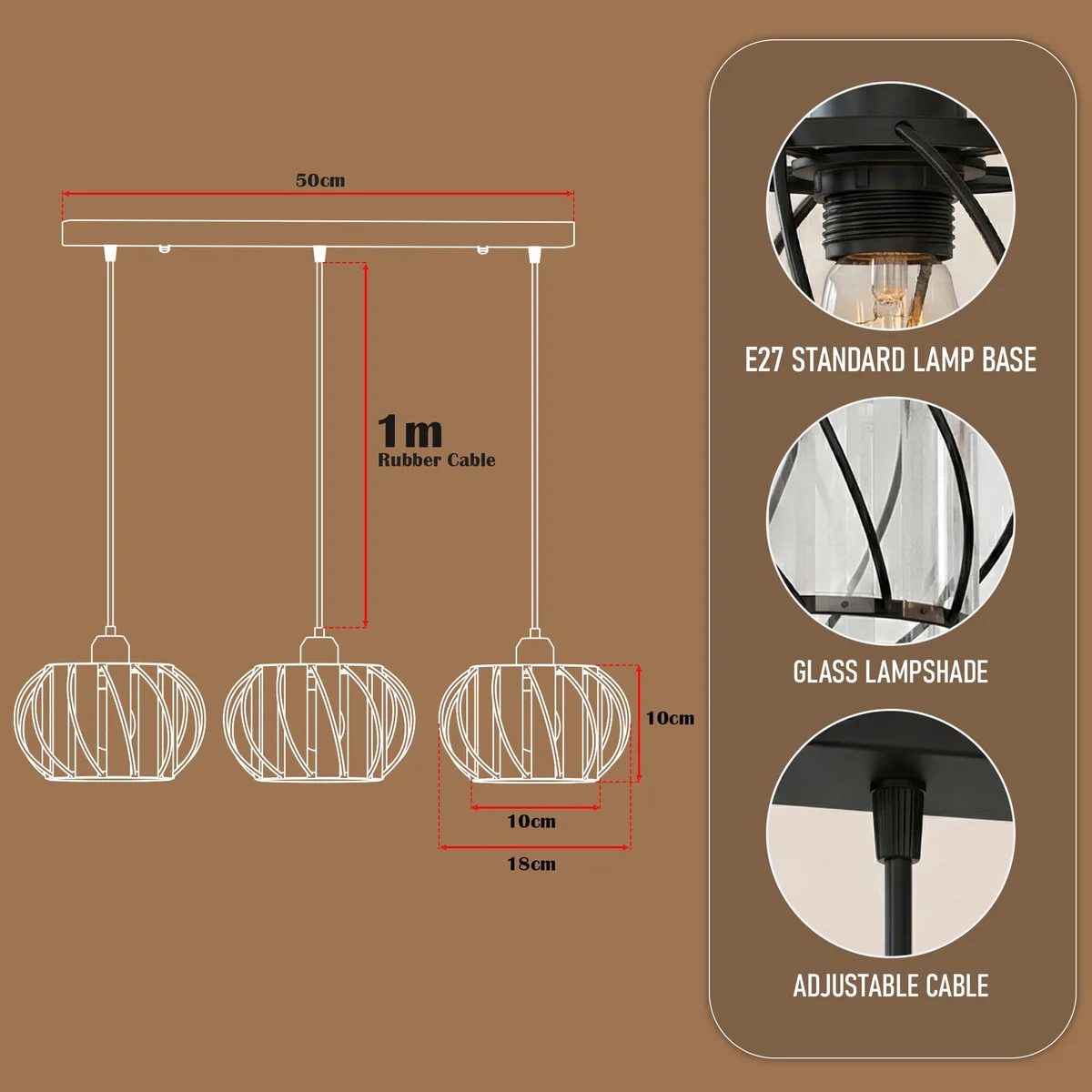 Three-light crystal glass pendant lamp with black metal frame and clear crystal shades hanging from ceiling