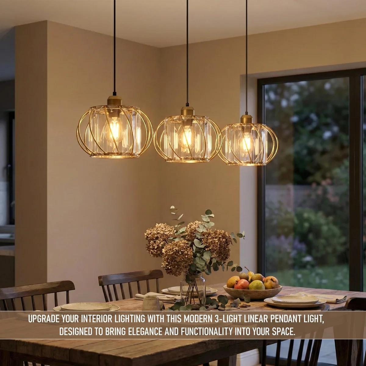 Three light crystal glass pendant lamp with black metal frame and adjustable height pendant cords hanging above a dining table