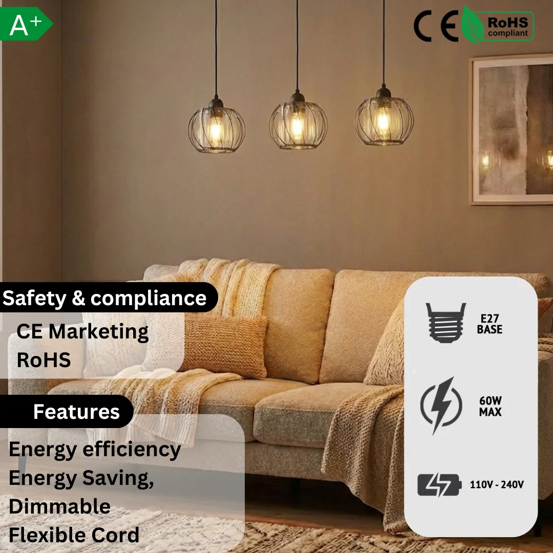 Three light crystal glass pendant lamp with black metal frame, ideal for kitchen island lighting, adjustable height up to 95 cm