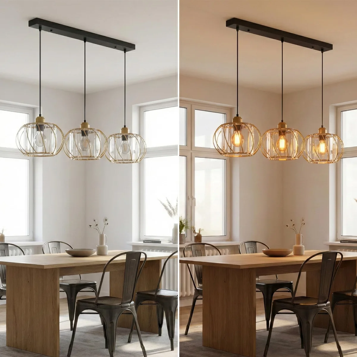 Three light crystal pendant lamp with black metal frame and E27 LED bulbs included, suspended over dining table