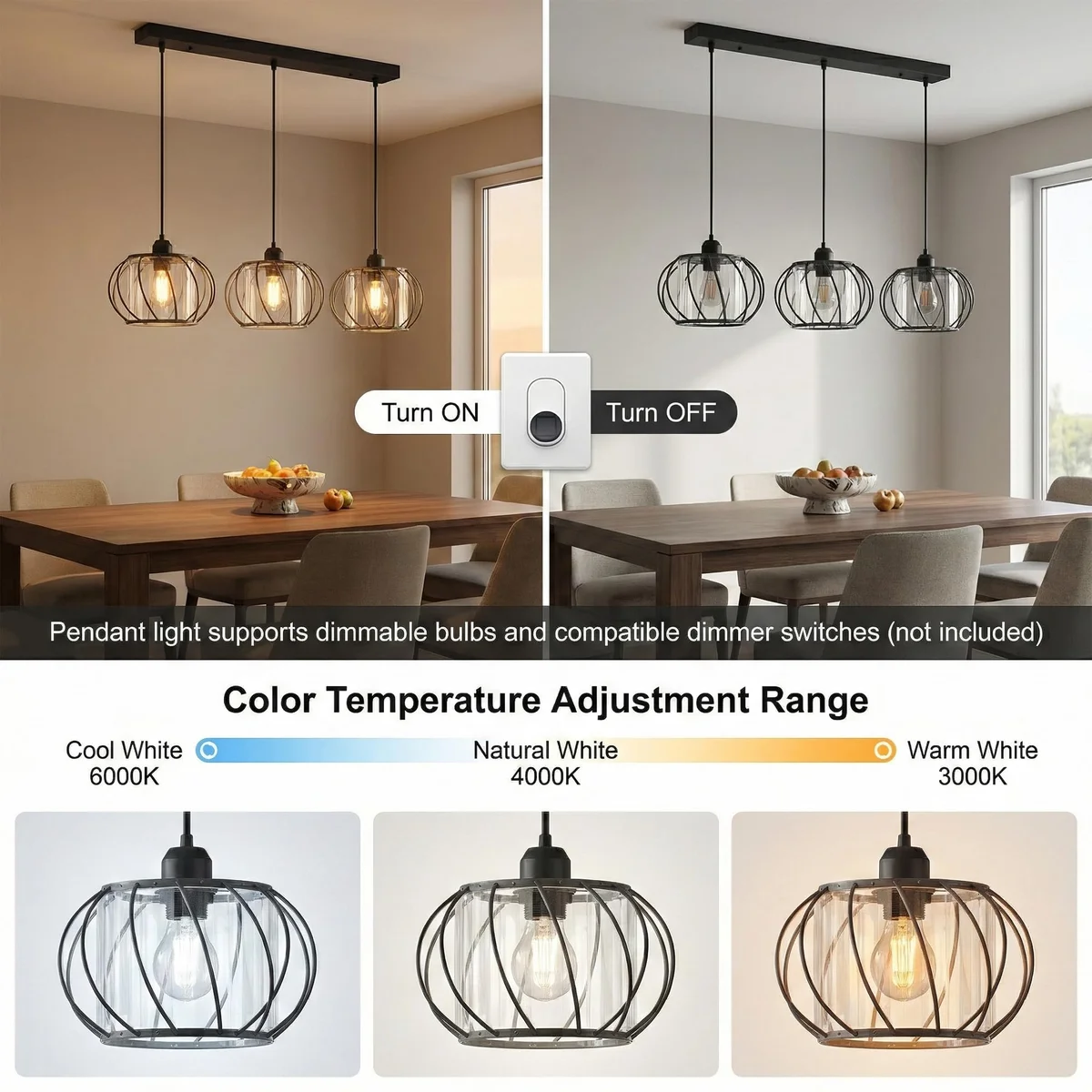 3 light pendant lamp with black metal frame and three clear crystal glass shades hanging in a modern dining room setting