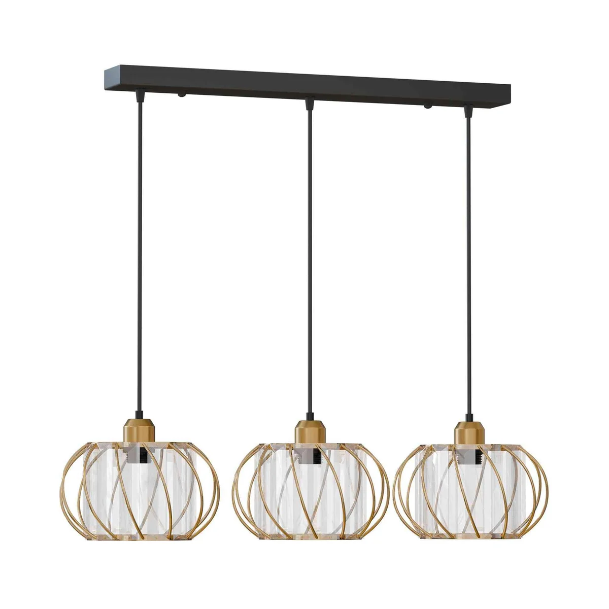 Black metal 3 light pendant lamp with three clear crystal glass shades hanging in a modern dining room setting