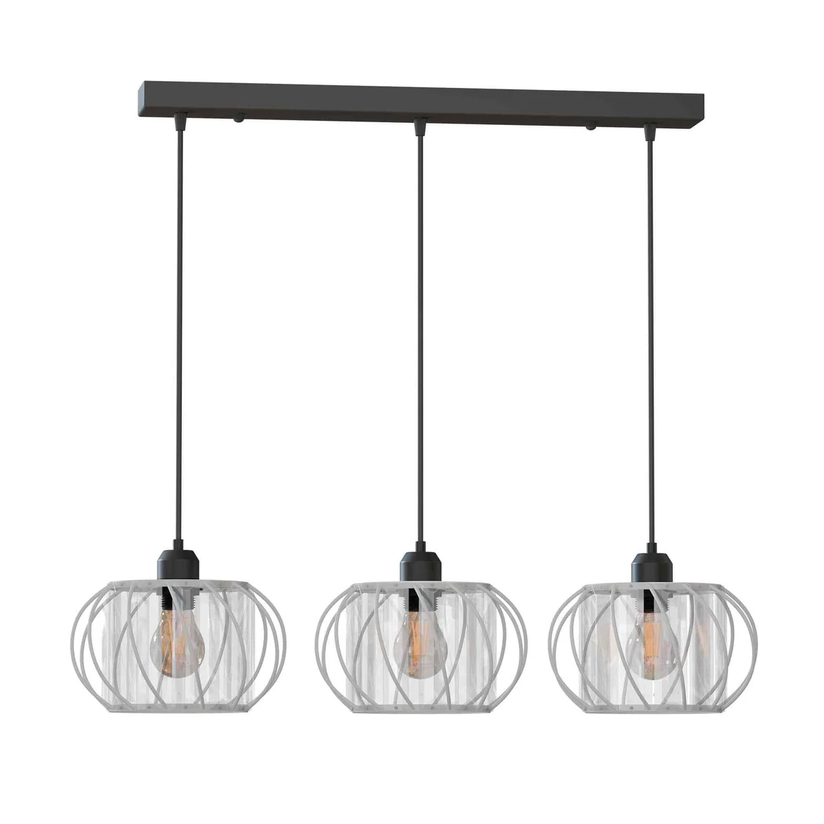 3 light pendant lamp with black metal frame and three clear crystal glass shades hanging in a modern dining area