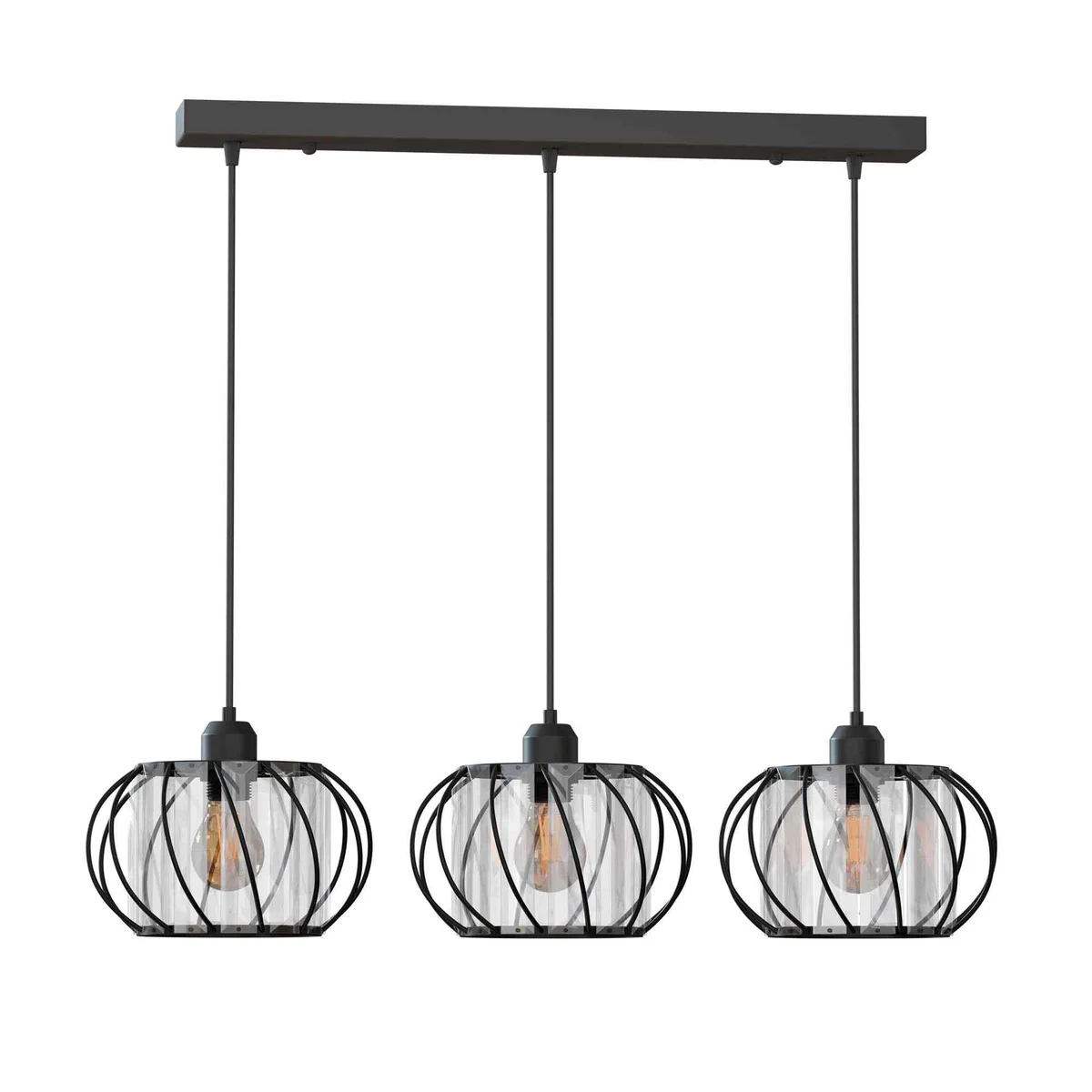 3 light pendant lamp with black metal frame and three clear crystal glass shades hanging in a modern dining room setting