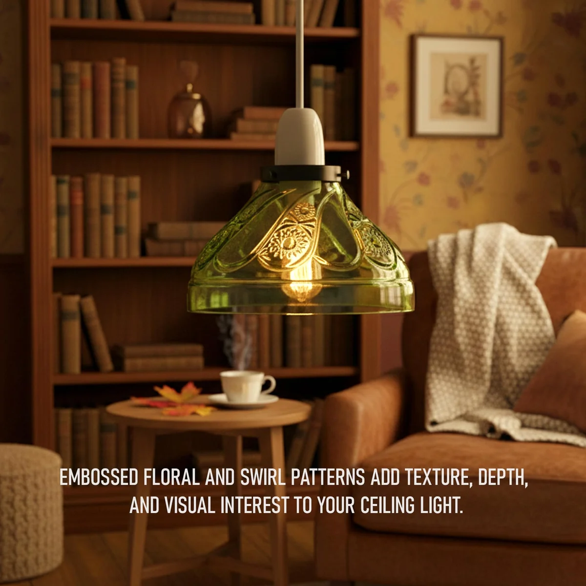 Green, purple, and blue vintage floral glass E27 lamp shade with scalloped edge and swirl pattern, 24.5cm diameter