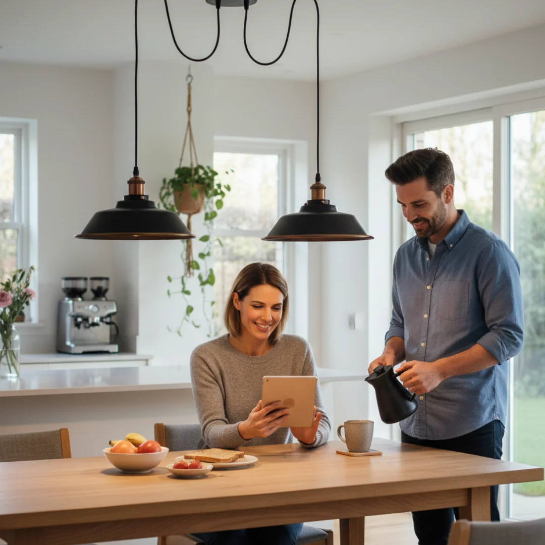 Two-head adjustable pulley ceiling light with metal shades and vintage Edison bulb on long adjustable cord