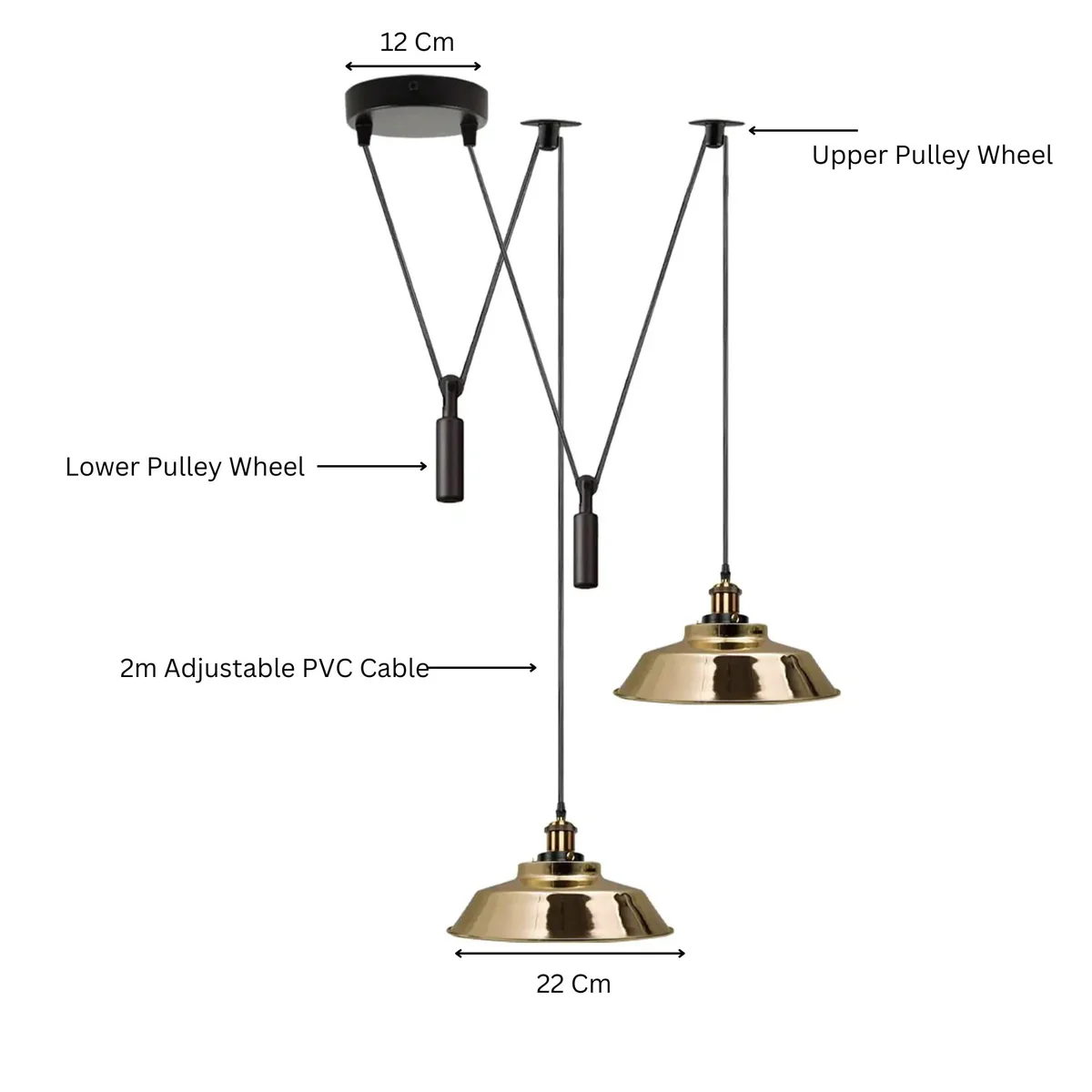 Two-light industrial pendant lamp with adjustable pulley system and vintage metal shades hanging from ceiling