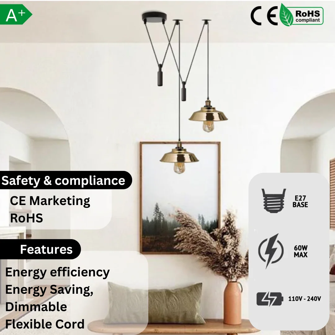 Two-light retro metal hanging lamp with adjustable pulley system and vintage Edison bulb on long cord