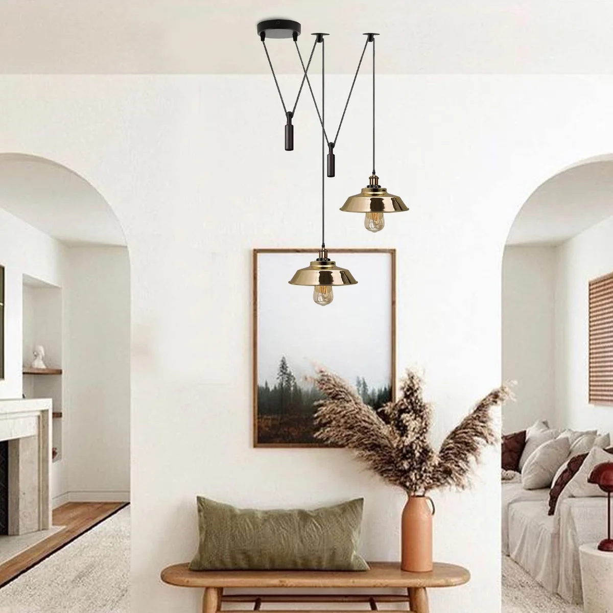 Industrial 2-light adjustable pulley hanging lamp with metal shades and E27 bulb pendant light on long cord