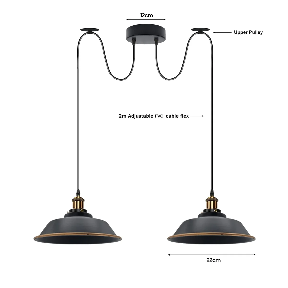 Two-head industrial pendant lamp with metal shades and 195cm adjustable cord light hanging from ceiling pulley system