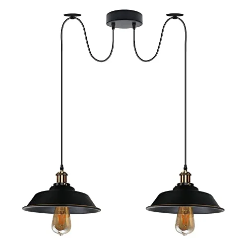 Vintage industrial adjustable pulley ceiling light with two metal shades and exposed Edison bulbs hanging from cords