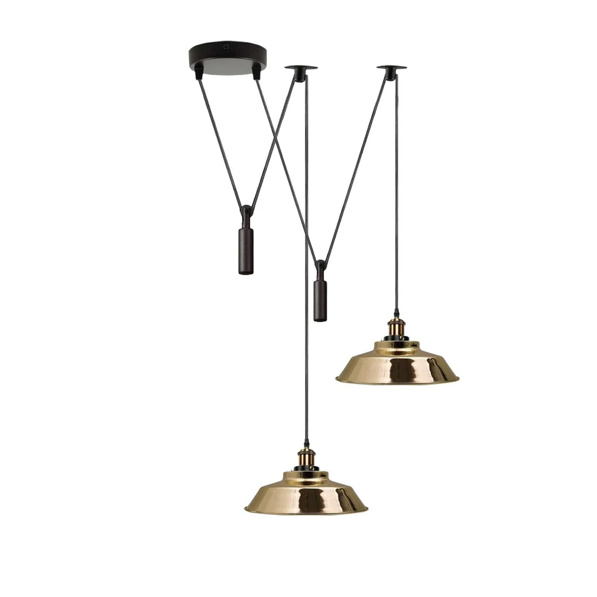 Two-light adjustable pulley ceiling light with metal shades and vintage Edison bulbs hanging from a long adjustable cord