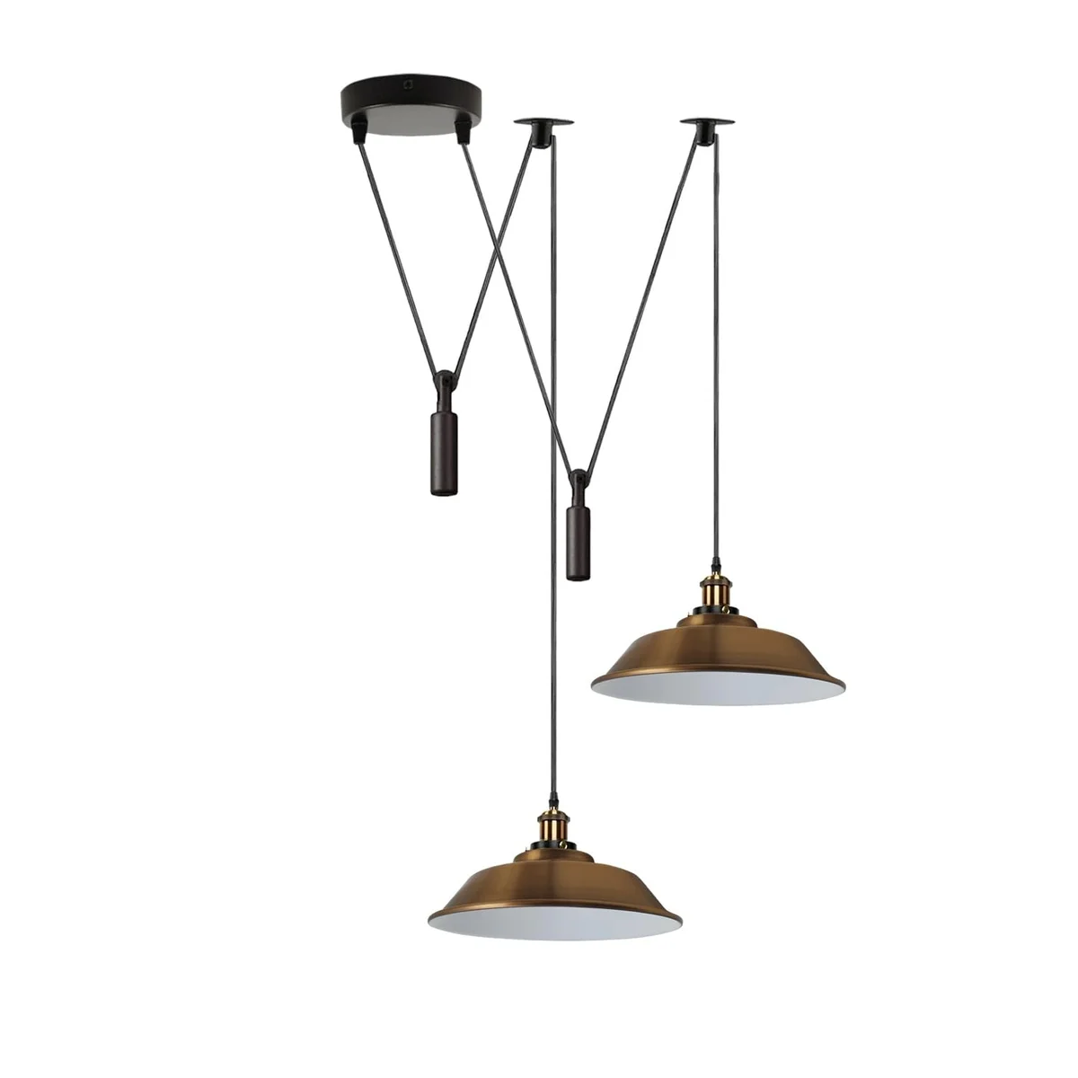 Adjustable pulley ceiling light with two vintage Edison bulbs and metal shades hanging from a 195cm adjustable cord