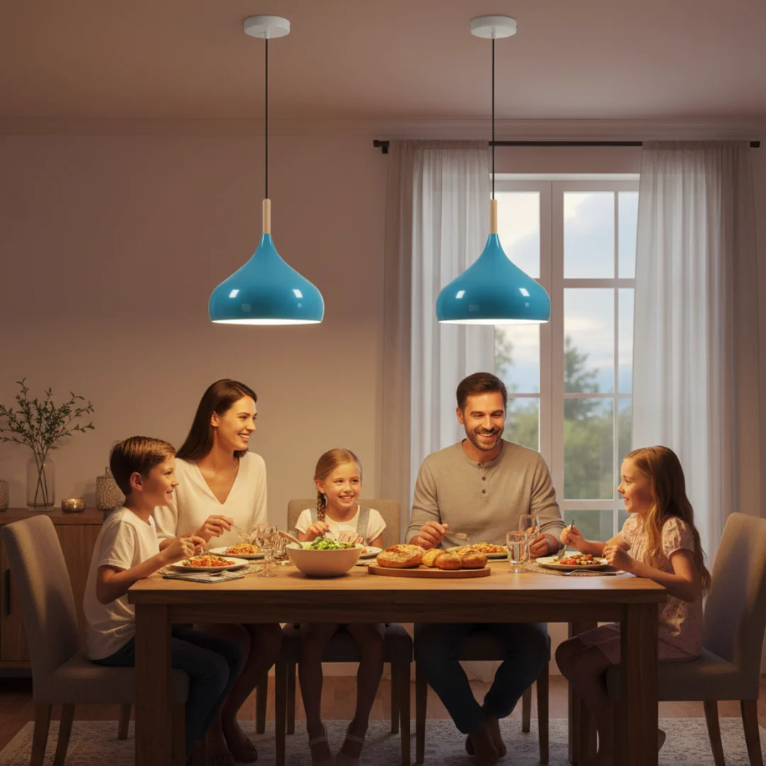 Two white metal adjustable pendant lights with barn-style shades hanging against a plain background