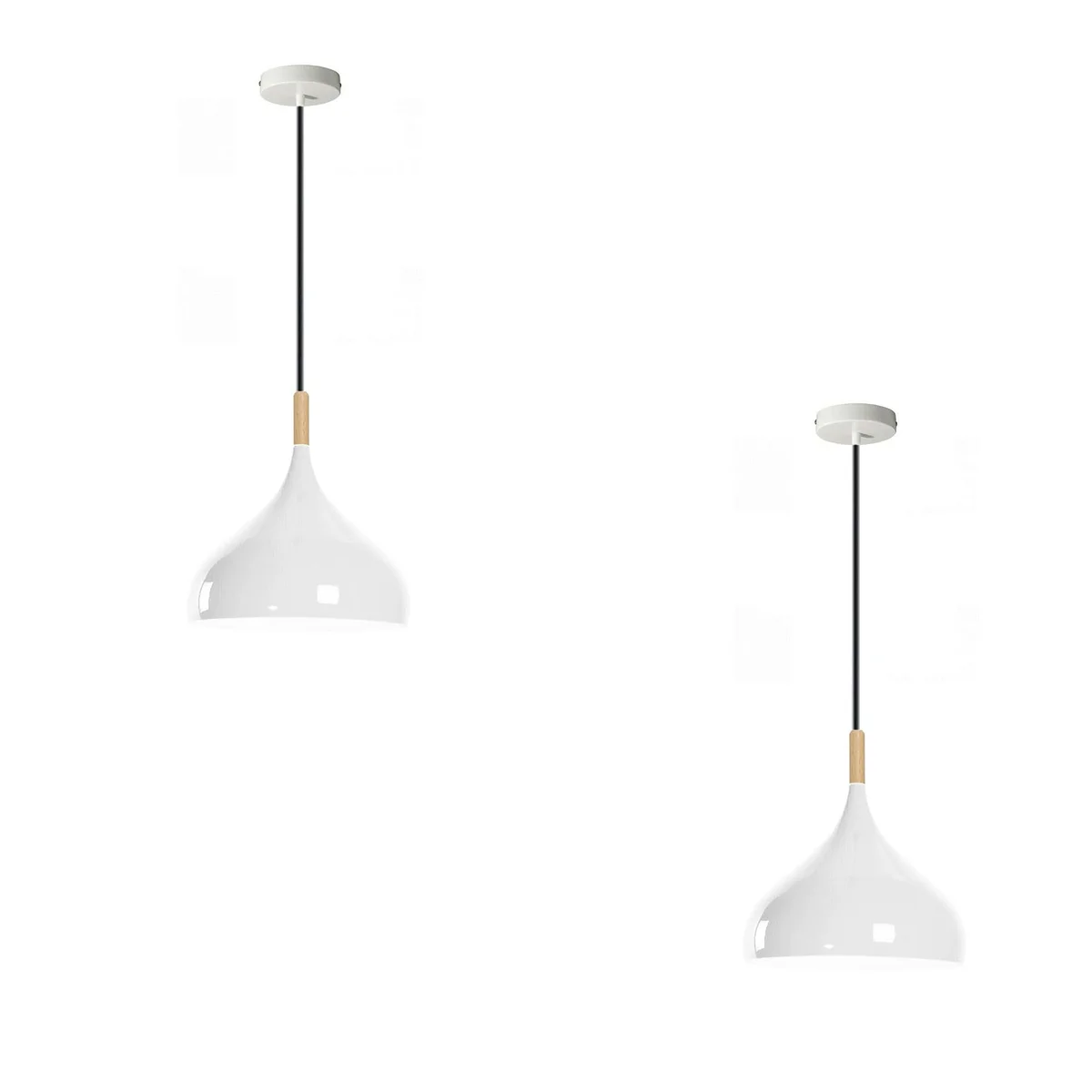 Two white metal barn shade 2 pack pendant lights with adjustable cables hanging over a kitchen island in an industrial style setting