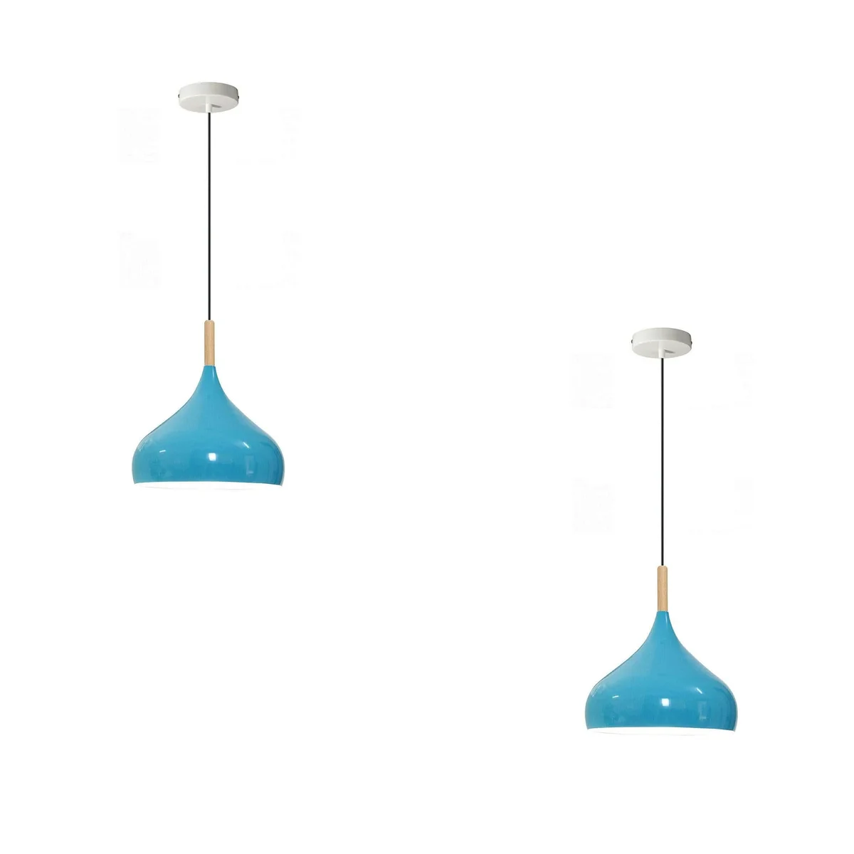 Two white metal pendant lights with adjustable cables hanging over a wooden kitchen island in a modern farmhouse setting